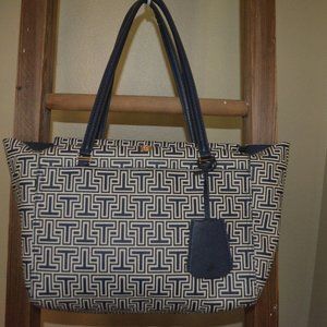 Tory Burch Navy & White T logo zip top Satchel Tote